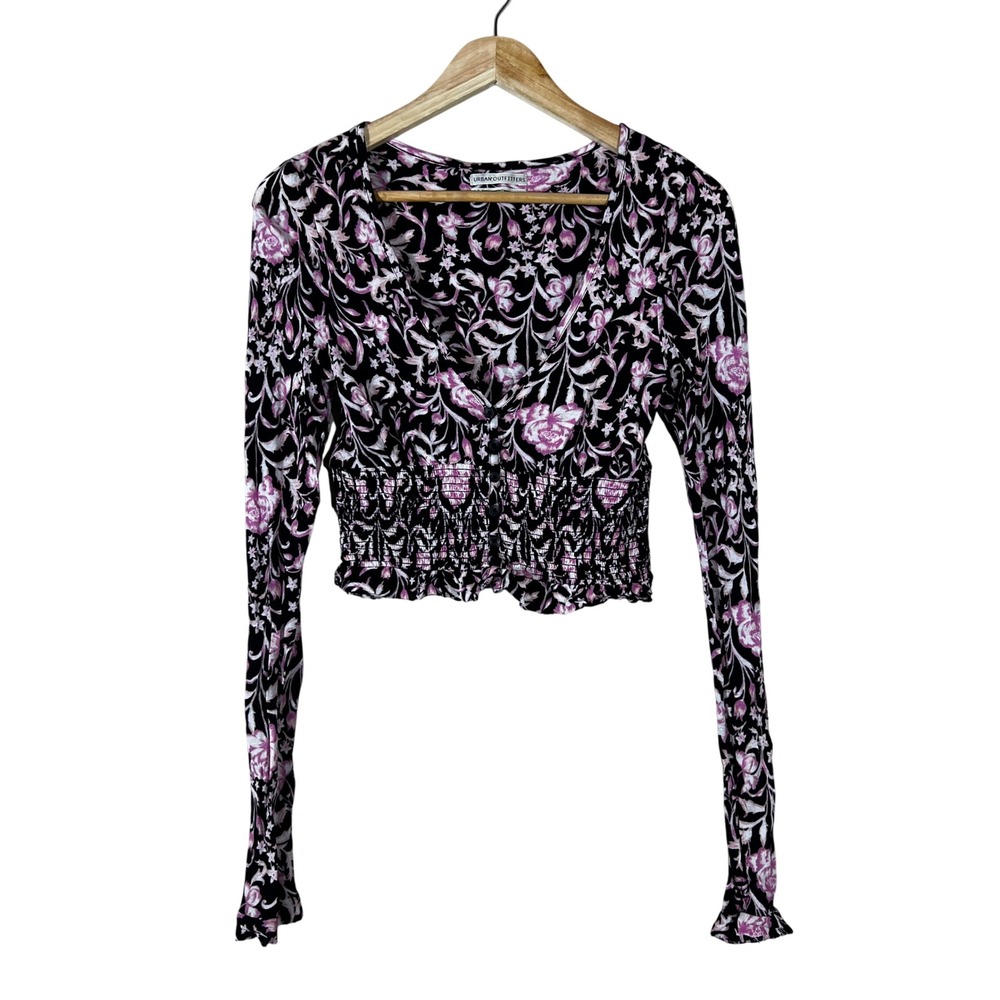 Urban Outfitters Floral Smocked Button Front Crop Top Black Pink Boho Size S